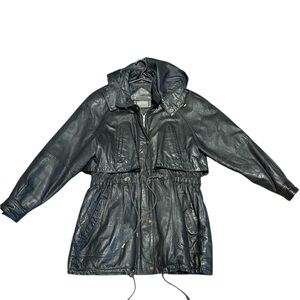 Vintage Ruggedwear Black Leather Hooded Parka Jacket 90s Rugged Moto